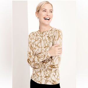 J. McLaughlin Women Gold Metallic Equestrian Print Crew Neck Pullover Sweater M